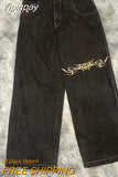 Yipinpay Street Popular Vintage Gothic Embroidered Jeans Women Harajuku Hip Hop Baggy Jeans Punk Rock Straight Pants Casual Jeans New