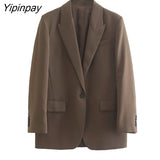 Yipinpay Women Office Outfits Blazer Suit 2023 Autumn Winter 2Pcs Single Button Notched Jacket+Zipper Long Trousers Basic Outwear