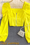 yipinpay Sexy Zipper Crop Tops Female Ruched Casual Vintage Long Sleeve Blusas Women Korean Elegant Camisas Club Short Shirt