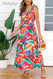 Yipinpay European and American New Large Size Fashion Sleeveless Bow Sling Printed Big Swing Beach Skirt Dress Women