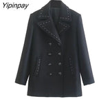 Yipinpay Women Winter Fashion Rivet Jacket Coat 2023 Vintage Long Sleeve Female Thick Warm Outerwear Double Breasted Chic Tops