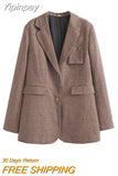 Yipinpay Woman Fashion Houndstooth Blazers Coats Female Long Sleeve with Pockets Chic Blazers Ladies Loose Notched Collar Coats
