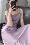 Yipinpay Elegant Sling Satin Dresses For Women Summer Sleeveless Folds Purple Long Dress Vestidos