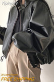 Yipinpay Punk Black Leather Jacket Women Outerwear Loose Zipper Cropped Leather Jacket Casual Moto Biker Streetwear Leather Coat