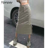 Yipinpay Casual Splitr Cargo Women Skirts Streetwear Solid Vintage High Waist Midi Skirt