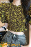 Yipinpay Mujer De Moda Sexy Floral Blouse Print Crop Top O Neck Ruffles Summer Shirts for Women 2023 Slim Shirt Femme Chic