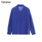 Yipinpay Women Fashion Thin Summer Solid Blouses Shirt 2023 Translucent Material Tops Vintage Single Breasted T-Shirts