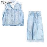 Yipinpay New Thin Skirt Women Summer Fashion Denim Printed Pattern Elastic Female Skirts Big Swing Party Holiday High Waist Skirt