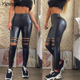 Yipinpay Women Casual High waist Zipper PU leather Pothole Skinny Pencil Pants