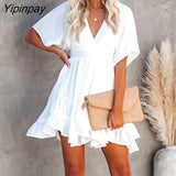 Yipinpay Women Solid V-Neck Short Sleeve Fit & Flare Ruffle Dress Summer Party Dress