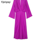 Yipinpay Elegant Women Solid Mid-Calf Dresses 2023 New Summer Fashion Deep V-neck A-line Long Sleeve Vestidos