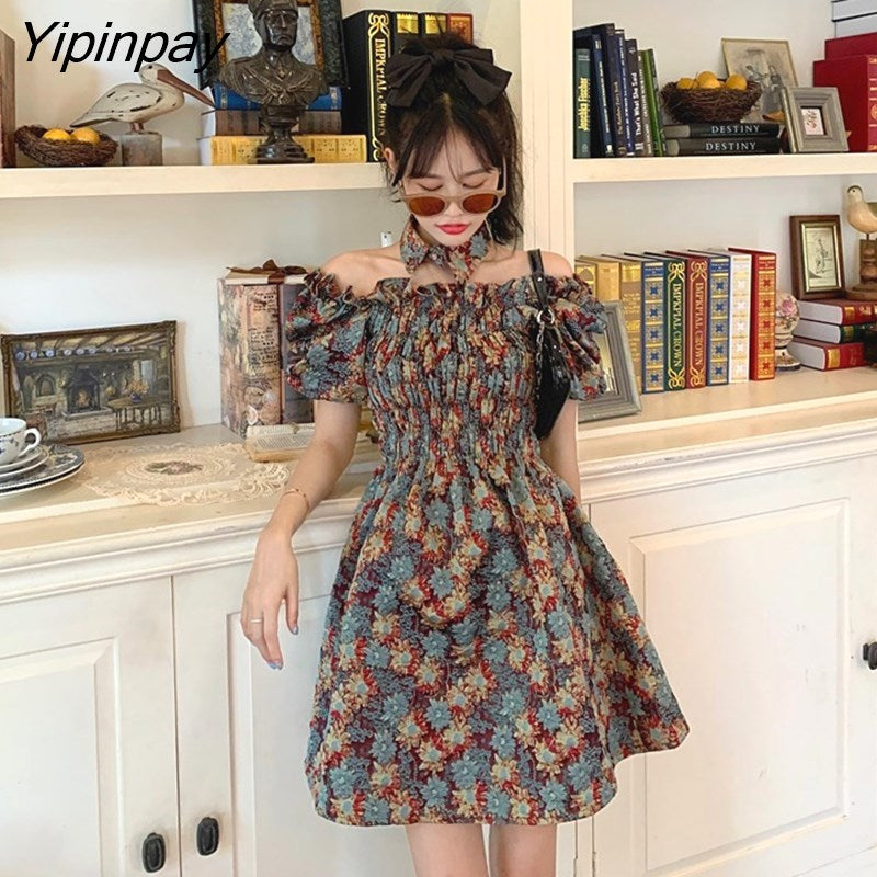 Yipinpay Summer Vintage Kawaii Dress Women Floral Sweet Bandage Party Mini Dress Female High Street Casual Holiday Dress