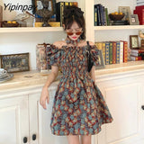 Yipinpay Summer Vintage Kawaii Dress Women Floral Sweet Bandage Party Mini Dress Female High Street Casual Holiday Dress