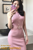 Yipinpay Temperament Sexy Slim Single-breasted O Sleeveless Stretch Knitted Bag Hip Dress Women Split Mini Fashion Bottom Wild Autumn