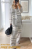 Yipinpay Lapel Irregular Stripe Button Shirt And Pants Women Sleep Suit 2 Piece Single-Breasted Print Casual Home Suit Female