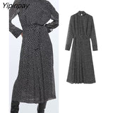 Yipinpay Elegant 2023 Women Dot Dresses With Belt Autumn Fashion Ladies Party Mid-Calf Dresses Fashion Long Sleeve A-line Vestidos