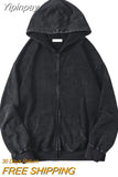 Yipinpay Washed Distressed Hoodies Streetwear Women Grunge Gothic Oversize Long Sleeve Zip Up Hoodie Vintage Couple Cardigan