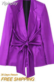 Yipinpay Women 2023 Purple Satin Blazer Woman Tied Office Elegant Female Blazer Sets Fashion Long Sleeve Autumn Jacket Female Suit