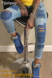Yipinpay New Fashion Women's Pants Elegant Trouser Casual Colorblock Ripped Cutout Casual Jeans Female Outfits