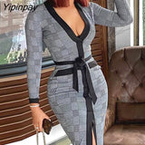Yipinpay Women High Slit Plaid Long Sleeve Plunge Maxi Bodycon Dress Womens Party Dress
