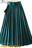 yipinpay Autumn Winter Skirt Women With Belt Long Metallic Silver Maxi Pleated Skirt Midi High Waist Fashion Vintage Saia Party