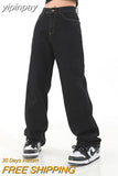 yipinpay Women Black Casual High Waist Jeans Fashion Baggy Washed Straight Pants Vintage Street Wide Leg Denim Trouser Ladies Autumn