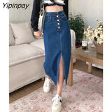 Yipinpay A-line High Waist Long Vintage Versatile Split Denim Skirt Woman