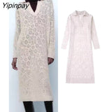 Yipinpay Autumn Women Jacquard Mesh Knit Dresses 2023 Elegant Ladies POLO Collar Mid-Calf Dresses Long Sleeve Soft Vestidos