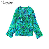 Yipinpay 2023 Summer Women Printed Blouses Shirt 2023 Thin Female Ruffles V-neck Long Sleeve Tops Single Breasted T-Shirts