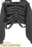 Yipinpay Women's Y2K Goth Cutout Zip-up Sweatshirt Grunge Long Sleeve Punk Harajuku Unisex Hooded Skeleton Hollow Pullovers