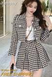 Yipinpay Temperament Matching Sets Retro O Tweed Plaid Jacket Short Long Sleeve Cardigan Slim Top Mini Houndstooth Pleated Skirt Chic