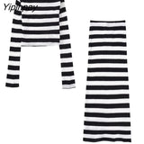 Yipinpay Women Striped Knitted Tops+Mid-Calf Sheath Skirts Sets 2023 Spring Autumn 2 Pcs Elegant Long Sleeve Casual O-neck Sweater