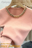 Yipinpay for Women High End Short Sleeve Knitted T-Shirt 2023 Summer French Office Lady Style Tops Femme Chic Chain Neck Tees