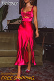 Yipinpay MO Satin Hollow Out Draw String Chest Wrapping Long Dress Women Sexy Slim Party Spaghetti Strap Backless Dress Vestidos