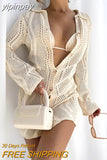 yipinpay Long Sleeve Hollow Out Sexy Club Fashion Women Knitted Cardigan Dress 2023 Casual Beach Wrap Mini Y2K Party Shirt Dress