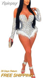 Yipinpay Women Sexy Sequined Hem Feather Bodysuits Spice Girls Off Shoulder Long Sleeve Skinny Playsuit 2023 Hot Club Party Dresswear