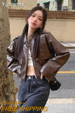 Yipinpay Cropped Leather Jacket Women Streetwear Moto Biker Zipper Leather Jacket Winter Punk Vintage Casual Blazer Leather Coat