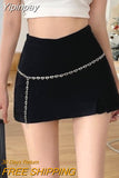 Yipinpay E Girl Black Mini Skirt Women Punk Sexy Chain Belt Slit Korean Cute High Waist A-line Micro Skirt Y2K Skort Streetwear