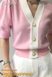 Yipinpay Neck Half Sleeve Ice Silk Knitting Coat Sueter Mujer Crop Pink Sweaters Women Lazy Y2k Short Cardigan Feminino Pull Femme
