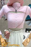 Yipinpay High Collar Sweater Women Slim Sexy Hollow Jumper Pullover Tops Crop Pink Sweaters Fur Button Knit Sueter Shirt