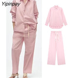 Yipinpay 2023 Women Solid Blouse Pants Sets Spring Casual Single Breasted Long Sleeve Shirts Elastic Waist Pants Outwear Two Colors
