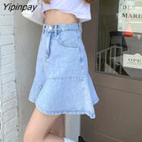 Yipinpay Design Fishtail Denim Skirt Women 2023 New Summer High Waist Thin Hot Girl Plus Size A-line Mini Skirt Female