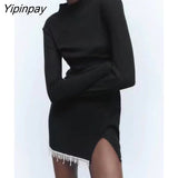 Yipinpay Autumn Women Beading Knitted Dresses 2023 Elegant Ladies O-neck Mini Slim Tassel Dresses Long Sleeve Simple Soft Vestidos