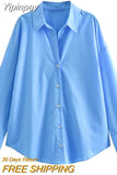 Yipinpay Striped Button Up Shirt Women Blue Collared Oversize Shirt Woman Fashion Loose Summer Blouses Woman 2023 Long Sleeve Top