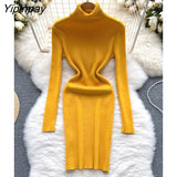 Yipinpay Full Sleeve Slim Knitted Pencil Dress Female Casual Pullover Turtleneck Sweater Bodycon Dress Ladies Autumn Winter