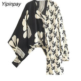 Yipinpay 2023 Women Patchwork Print Blouses Spring Autumn Casual V-neck Long Sleeved Top Fashion Single Breasted Asymmetrical Shirts