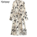 Yipinpay Summer Women Printed Mid-Calf Dresses With Belt 2023 Elegant Fashion Turn Down Collar Dresses A-line Long Sleeve Vestidos