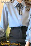 Yipinpay Elegant Chiffon Shirt Women Button Slim Long Sleeve Autumn Office Lady Straight Tops Preppy Style Korean Solid Sweet