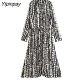 Yipinpay FashionSummer Women Printed Long Dresses 2023 New Elegant Single Breasted Dresses A-line Long Sleeve Mid-Calf Vestidos
