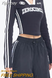 Yipinpay Grunge Y2k Slim T Shirt Women Acubi Fashion Side Stripe Kpop V-Neck Long Sleeve Crop Top Vintage Korean Streetwear